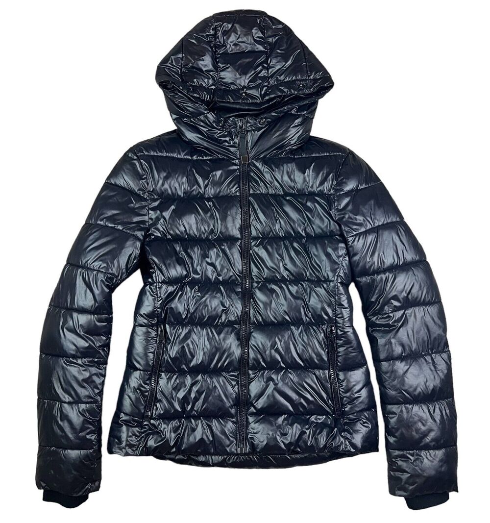 Zara Women's Black Hooded Zip Winter Puffer Coat Ski Jacket Size XS